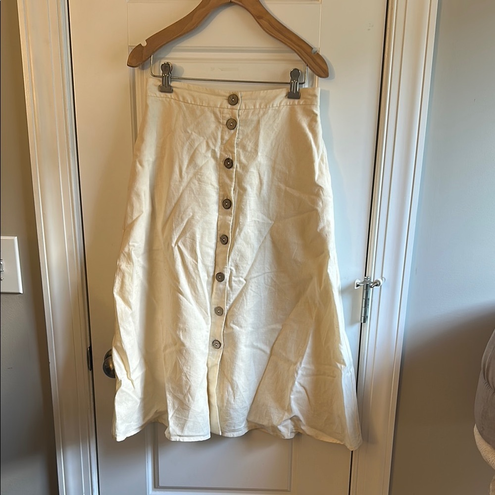 Linen Cream Button-Front Midi Skirt with pockets Grae Cove